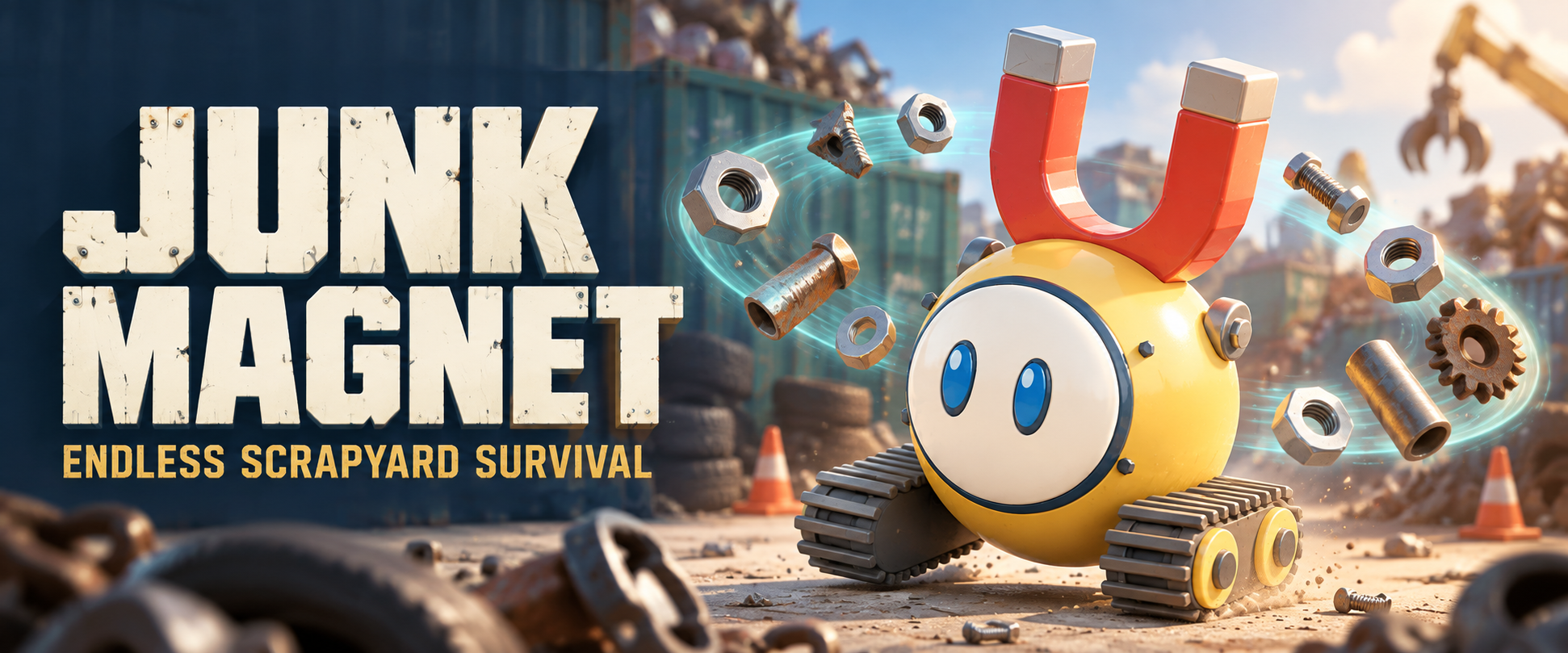 Junk Magnet promotional artwork: a yellow robot with a red magnet and orbiting scrap in a scrapyard.